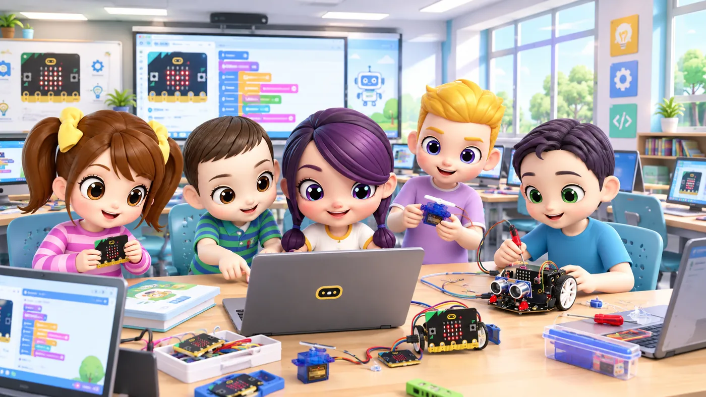 ภาพประกอบ: นักเรียนเขียนโค้ดด้วยบอร์ด micro:bit แล็ปท็อป และรถหุ่นยนต์ในห้องเรียนคอมพิวเตอร์