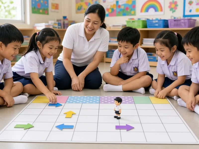 นักเรียนอนุบาลเล่นเกมบอกทิศทางบนกระดาน TKC Coding Kit กับคุณครู (ภาพประกอบ)