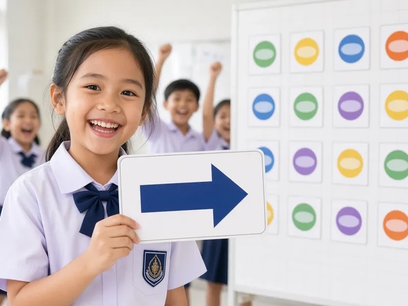 นักเรียนชูบัตรคำสั่งลูกศรบอกทิศทาง (ภาพประกอบ)