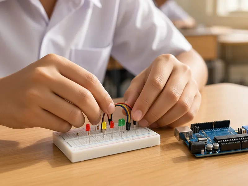 มือนักเรียนต่อสายไฟบนเบรดบอร์ดกับไฟ LED ข้างบอร์ด Arduino UNO (ภาพประกอบ)