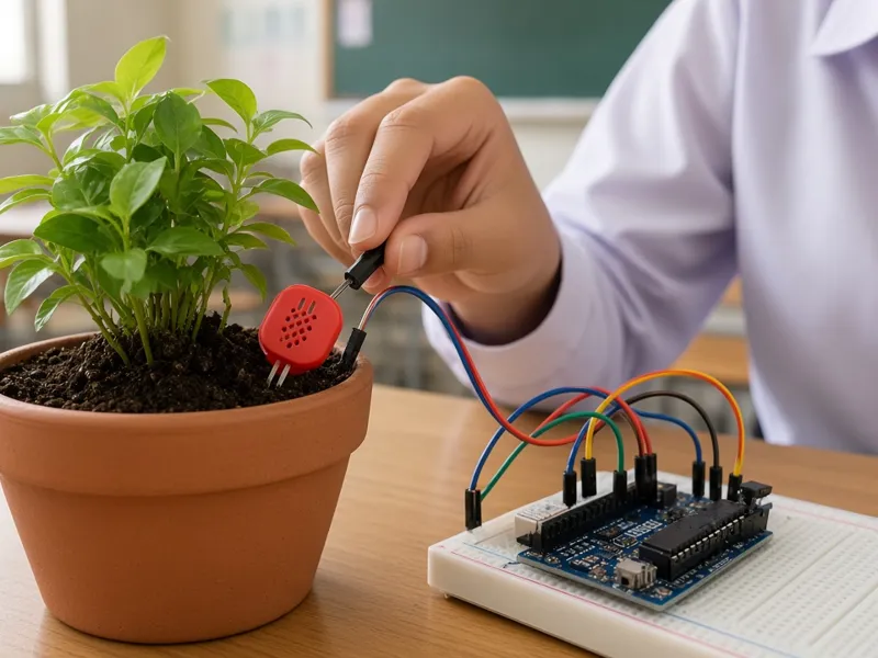 นักเรียนต่อเซนเซอร์ความชื้นในดินกับต้นไม้ในกระถาง (ภาพประกอบ)
