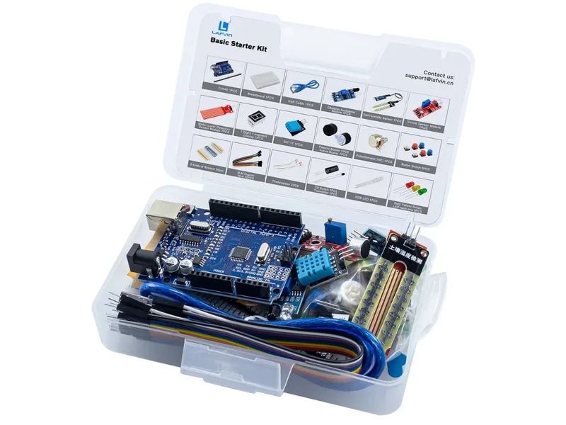 กล่องชุด Basic Starter Kit สำหรับ Arduino พร้อมบอร์ด เซนเซอร์ และอุปกรณ์ในกล่องใส