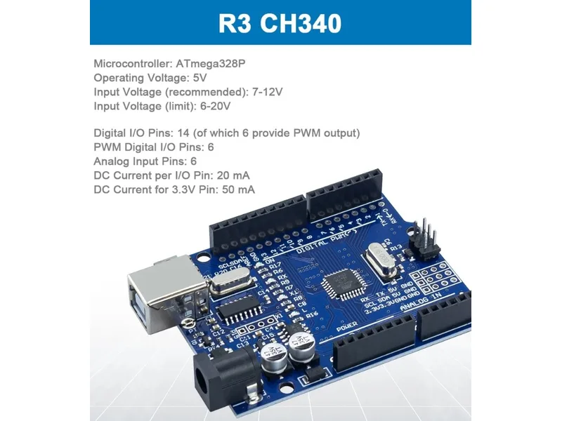 บอร์ด Arduino UNO R3 (ชิป CH340) พร้อมสเปกบอร์ด