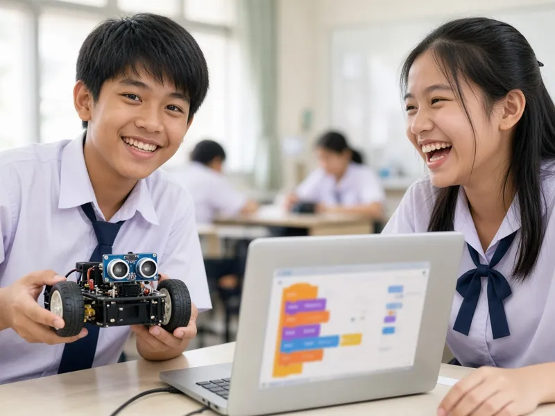 นักเรียนถือรถหุ่นยนต์ Maqueen ข้างโน้ตบุ๊กที่เขียนโค้ด MakeCode (ภาพประกอบ)
