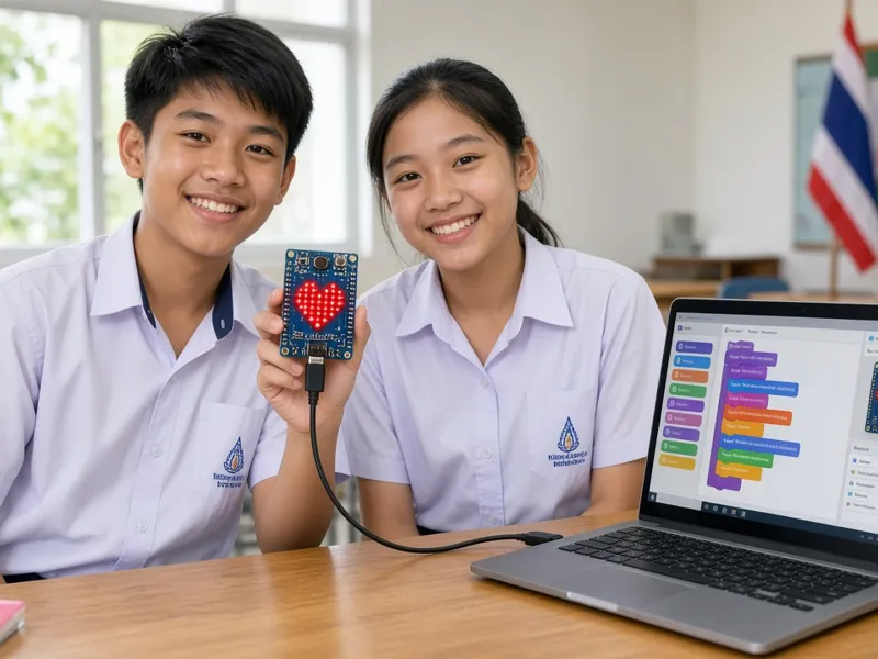 นักเรียน ป.6 โชว์ไฟ LED รูปหัวใจบน micro:bit ที่เขียนโค้ดเอง (ภาพประกอบ)
