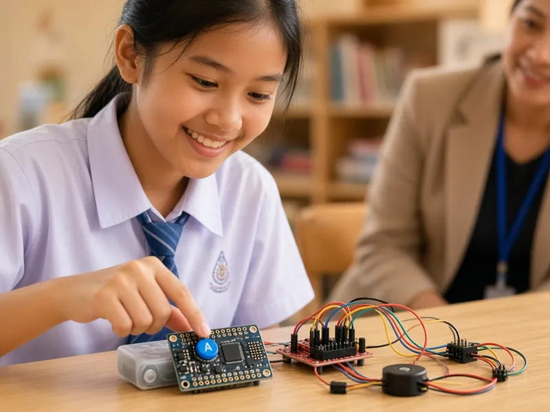 นักเรียนกดปุ่ม A บน micro:bit ทดลองต่อวงจร (ภาพประกอบ)