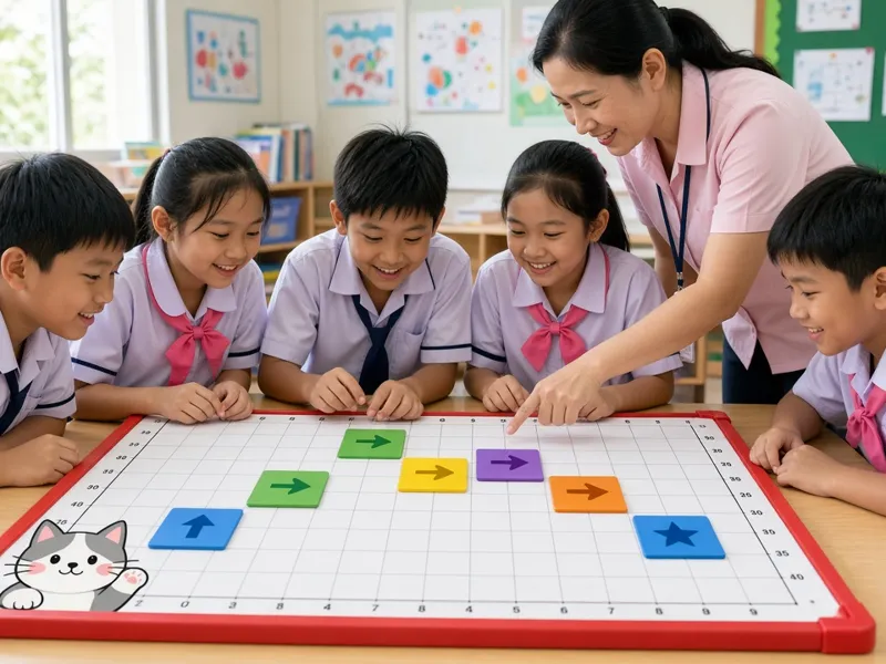 นักเรียนช่วยกันวางบัตรคำสั่งบนกระดานพิกัด X–Y กับคุณครู (ภาพประกอบ)
