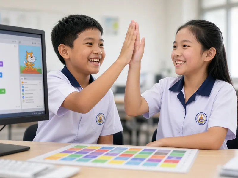 นักเรียนดีใจเมื่อตัวละครใน Scratch เดินได้ตามที่วางแผน (ภาพประกอบ)